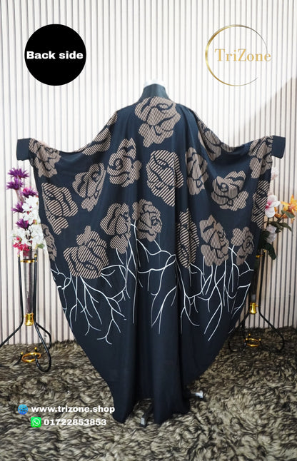 #Rosy Black প্রিন্টের লং কাফতান আবায়া ।